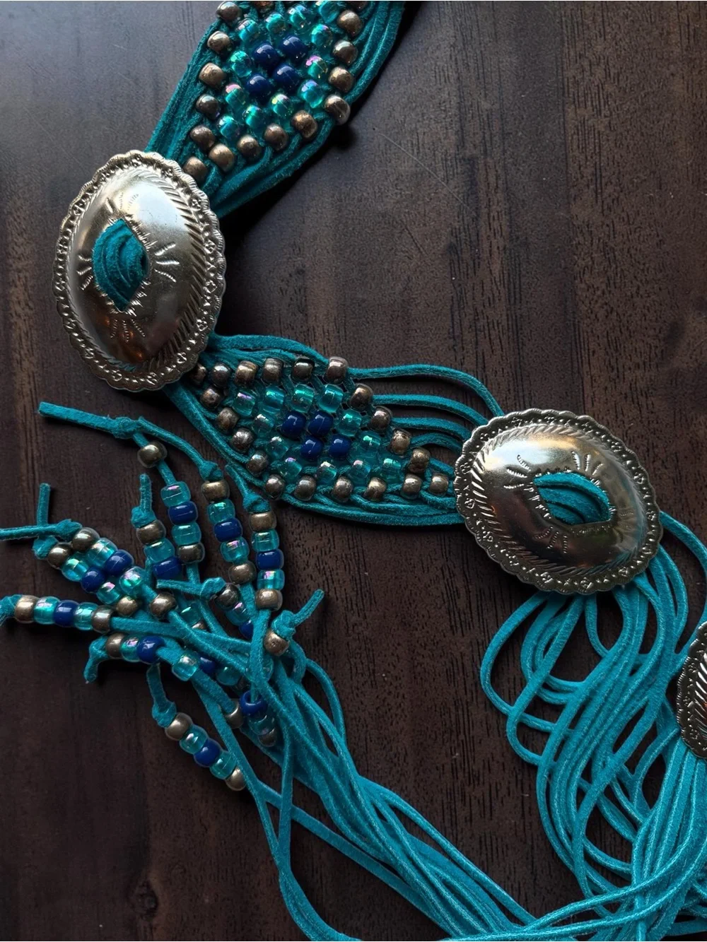 Western Navajo-style Beaded Concho Belt Turquoise fringe Boho - Picture 2 of 6
